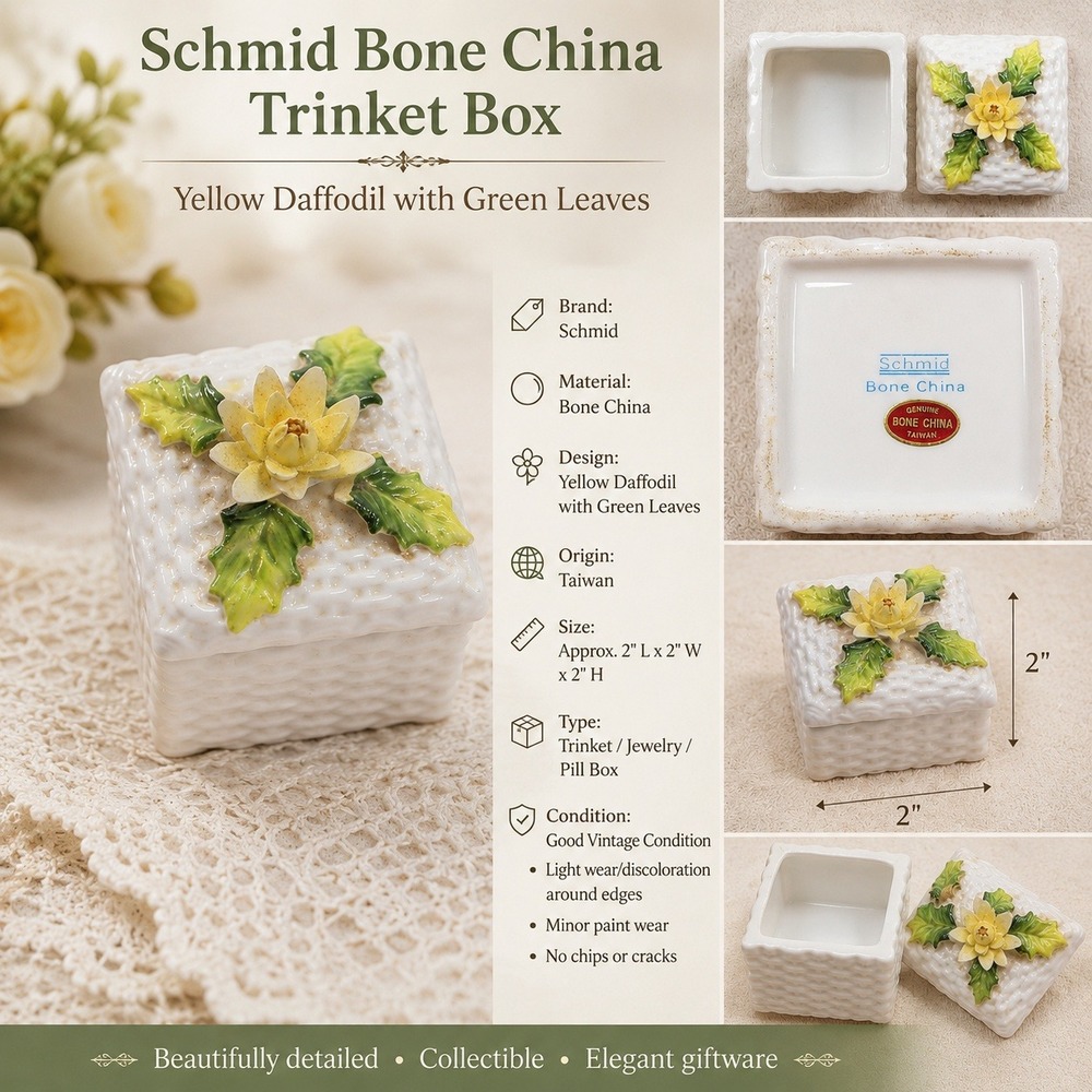 Schmid Bone China Trinket Box White Basketweave Yellow Flower Holly Lid Square
